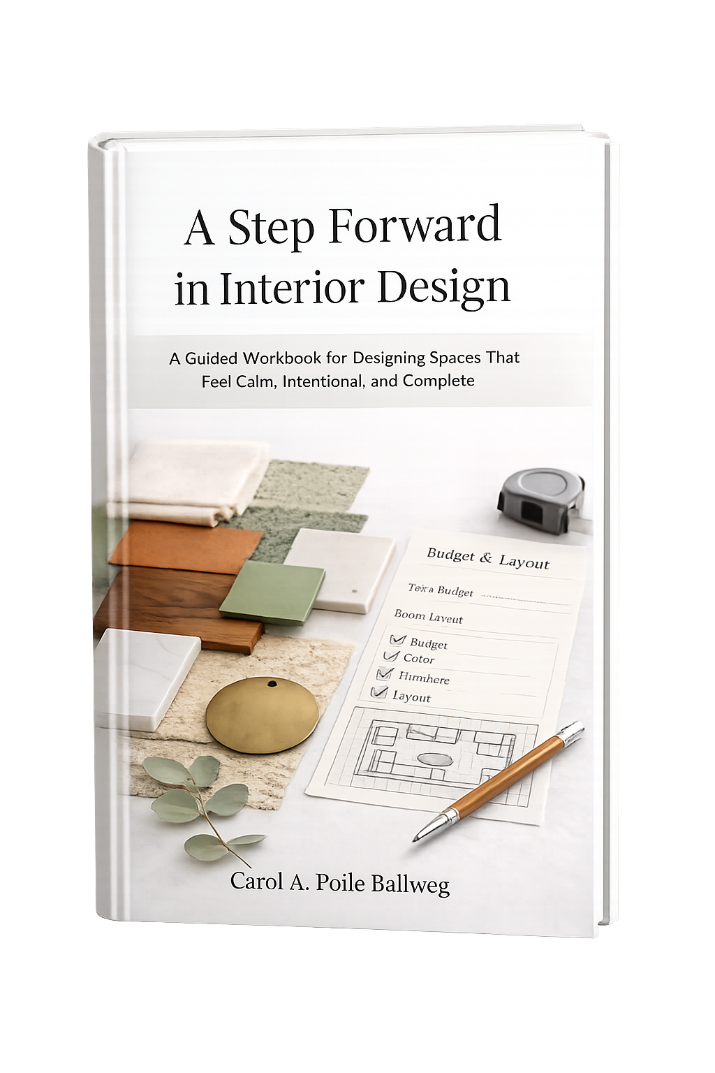 3D mockup of the workbook “A Step Forward in Interior Design” with a clean white cover and neutral material moodboard, isolated on a transparent background.