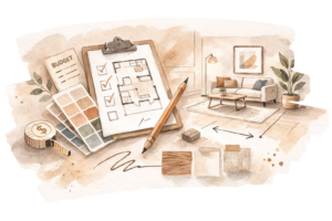 Watercolor illustration of interior design planning tools including a floor plan checklist, color swatches, tape measure, and styled living room concept.