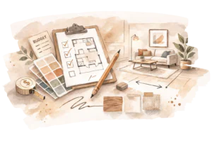Watercolor illustration of interior design planning tools including a floor plan checklist, color swatches, tape measure, and styled living room concept.