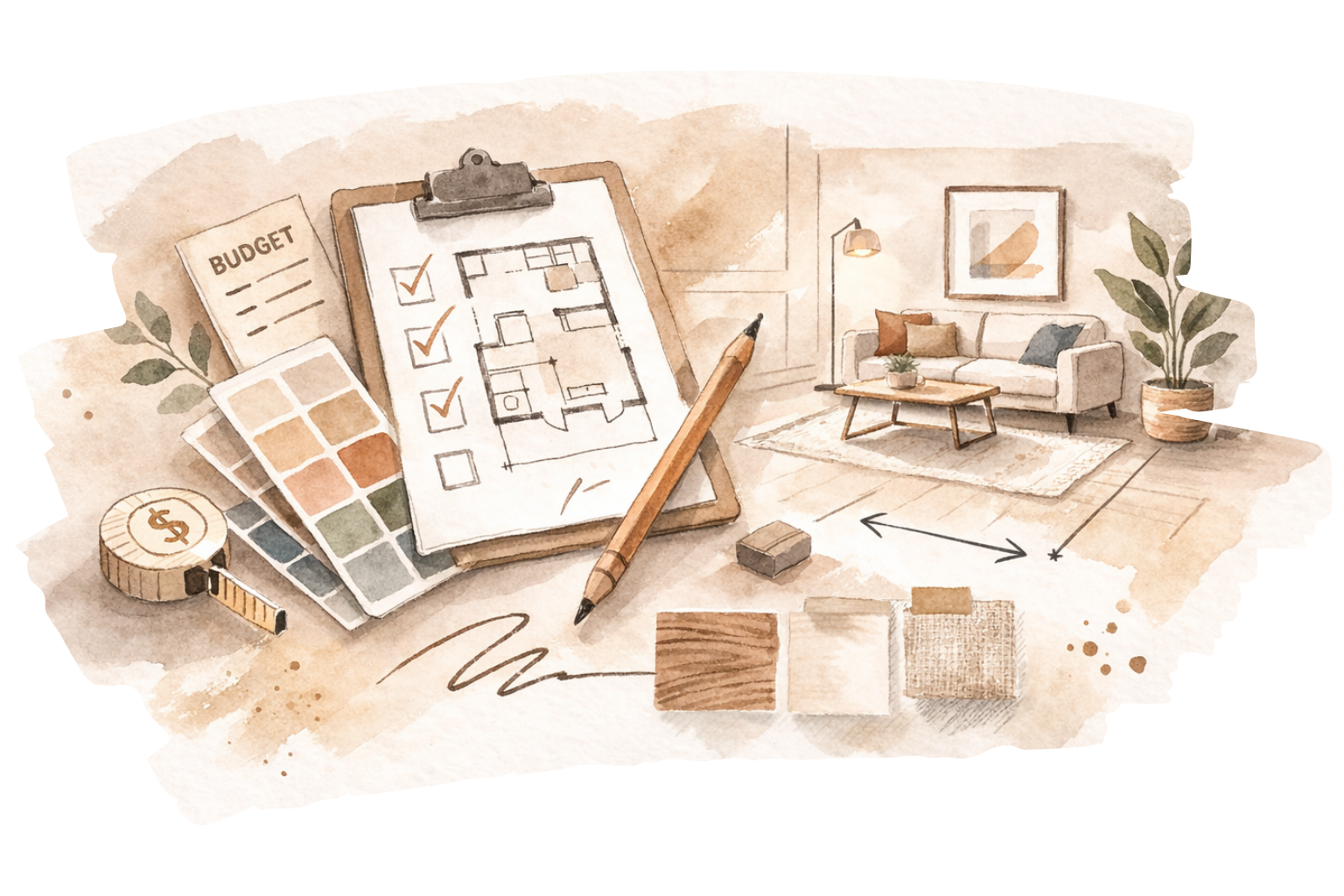 Watercolor illustration of interior design planning tools including a floor plan checklist, color swatches, tape measure, and styled living room concept.