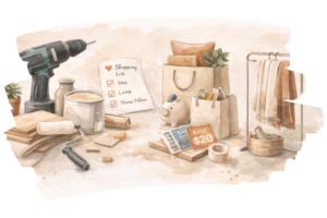Watercolor illustration of DIY home decorating tools, shopping bags, paint supplies, and budget planning materials.