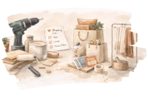 Watercolor illustration of DIY home decorating tools, shopping bags, paint supplies, and budget planning materials.