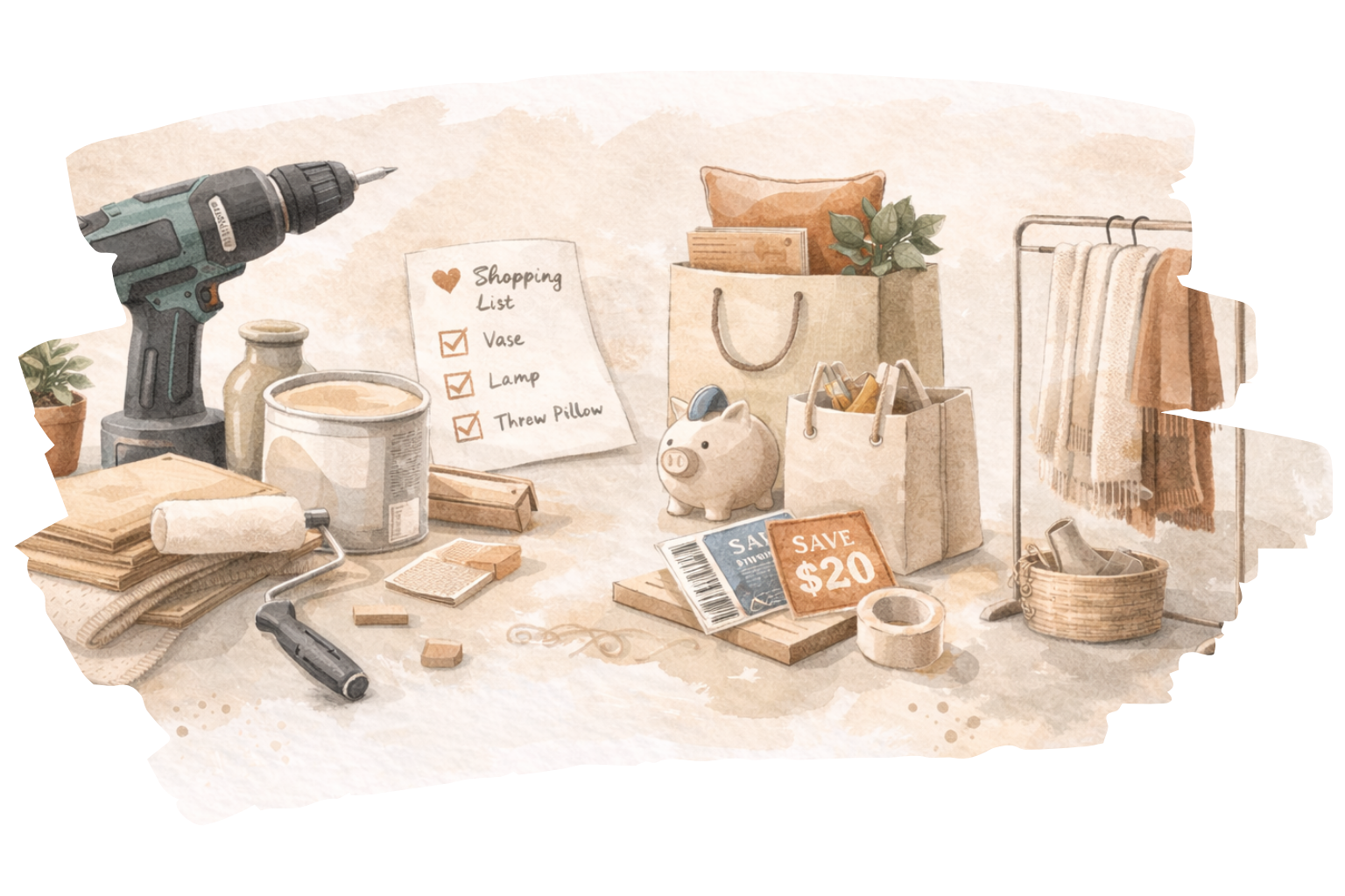 Watercolor illustration of DIY home decorating tools, shopping bags, paint supplies, and budget planning materials.
