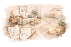 Watercolor illustration of a styled living room and bedroom with checklist planning sheets and warm decor elements.