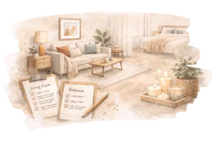Watercolor illustration of a styled living room and bedroom with checklist planning sheets and warm decor elements.