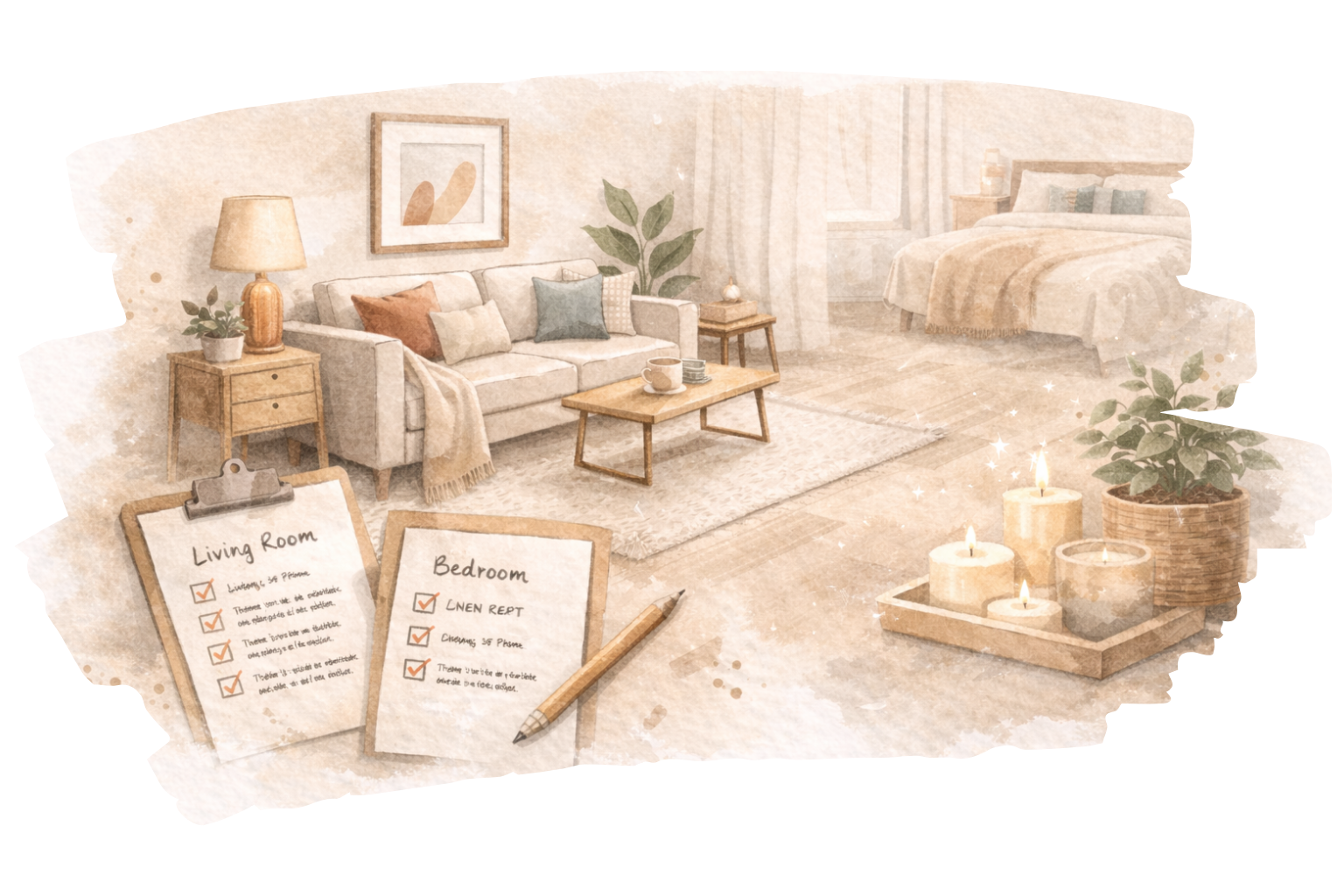 Watercolor illustration of a styled living room and bedroom with checklist planning sheets and warm decor elements.